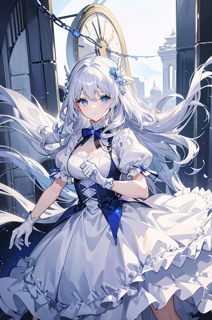 A woman with white hair and blue eyes、adult、Long, fluffy wavy hair、Braiding、Wearing hair ornaments、Princess、White gloves、blue and white lace dress、ribbon、The dress is short in the front and long in the back、Garter Ring、Fantasy