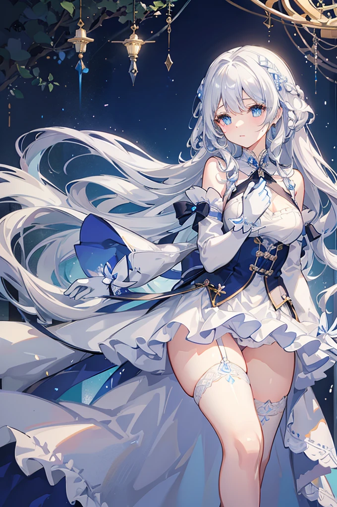 A woman with white hair and blue eyes、adult、Long, fluffy wavy hair、Braiding、Wearing hair ornaments、Princess、White gloves、blue and white lace dress、ribbon、The dress is short in the front and long in the back、Garter Ring、Fantasy
