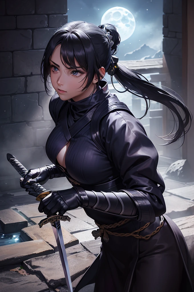 A Ninja Wrapped in Shadows stands in an ancient temple, their Almost a ghostly being. (masterpiece:1.2, Highest quality), (Beautiful, detailed eyes: 1.2), (Detailed Background, Dark fantasy), (Beautifully detailed face), High Contrast, (Best lighting, Very delicate and beautiful), ((Cinematic Light)), (Ninja Wrapped in Shadows:1.4), (Almost a ghostly being:1.3), (The twinkle of a polished sword:1.5), (Catch the moonlight rays:1.3), (Atmosphere tension:1.3), (Expectations for the next move:1.4), (Very detailed), (Sharp focus), (Realistic).