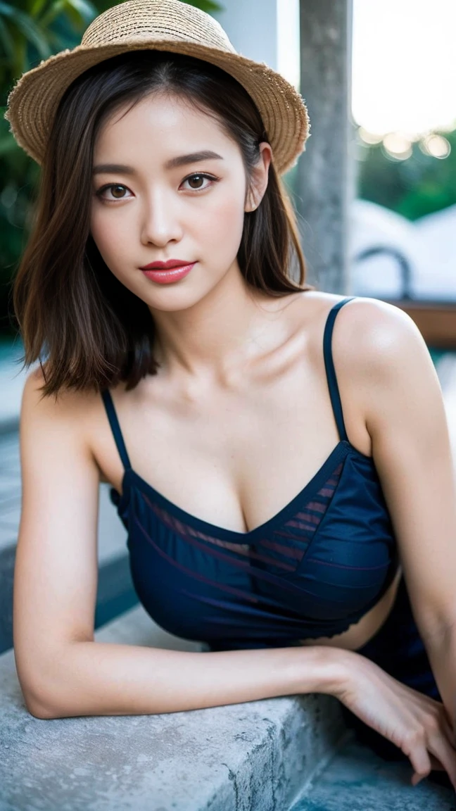Dark brown hair、Light brown eyes、Japanese actress、 Lady、I am about 40 years old......、(Intricate details:1.2)、(Which is the top??????:1.4)、 (Ultra-high resolution:1.2)、Ultra-high resolution、(Fine-tune)、(Detailed facial features)、Hmph、8k resolution、I-cup size big、Long Hair、Updostyle, Updo、Hair Bun、1 girl, Deep sorrowの表情, (Very detailed美しい顔), (camisole:1.5), (Exposing shoulders and stomach:1.3), (Highest quality:1.4), (Very detailed)、Beautiful fair skin with transparency,、Top View、 Please open your mouth a little、Her legs are visible through the dress、Deep sorrow、Pose of Weakness、Obscene pose、Sit on the pool bed、、By the pool、Beach Bed、Summer cot、Wide-brimmed hat、Actress Cap、under the sun、sunlight、Wide-brimmed hat、Straw hat、Hats to wear at the resort、One eye is hidden by the brim of his hat、elegant、smile、Spread your legs