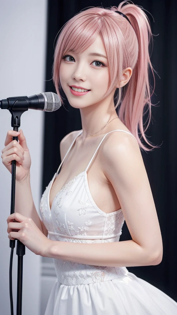 A woman with pink hair and a white dress, Anime realism style, Unreal 5. RPG Portrait, cgsociety portrait, Realistic art style, Smooth anime CG art, Photorealistic Anime Girl Rendering, Realistic anime 3D style, Loss Draw 1. 0, Realistic 3D animation, ArtJam ; 3d unreal engine, Realistic anime art style,The background is the inside of a karaoke booth.,The best smile、Side Ponytail、singing a song with a microphone