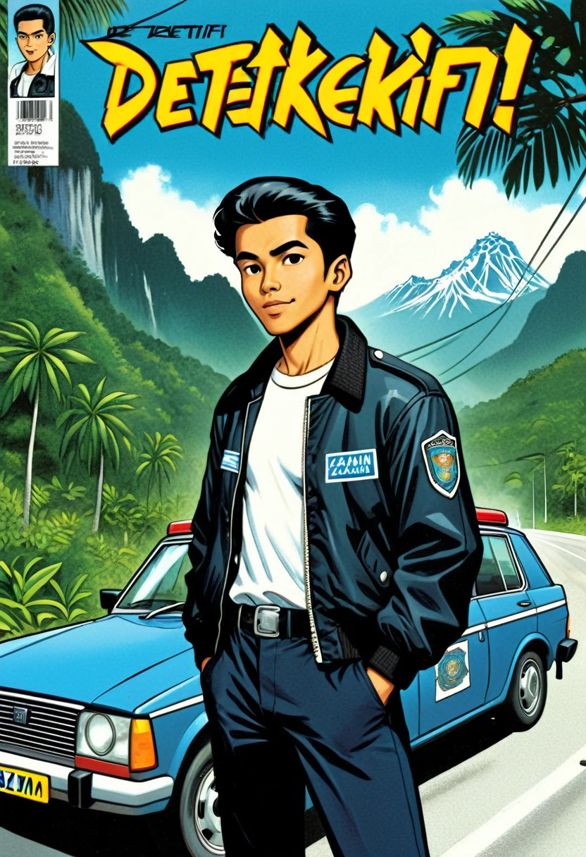 a comic book cover, 1990's comic illustration style. Titled written "DETEKTIF AZMAN" a Malay man, wearing black bomber jacket. black pants. white shirts. wearing police batch lanyard. background of tropical forest and a mountain. Leaning on a blue sedan, brand Proton Saga. background of Kuala Lumpur city street.