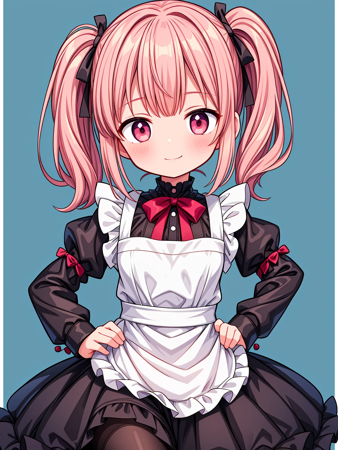 (Highest image quality), (highest quality), (masterpiece), (dynamic lighting), (photo realism), maid uniform, detailed face, (()), ((girl)), (little curve), short pink hair, one side ponytail hairstyle, red eyes, ((very small bust)), (apron), smile, winking, kitchen background, ((very blushing)), ((detailed hands and fingers)), hands on the hips, viewer perspective from below, (blush), more detailed, EasyNegativeV2