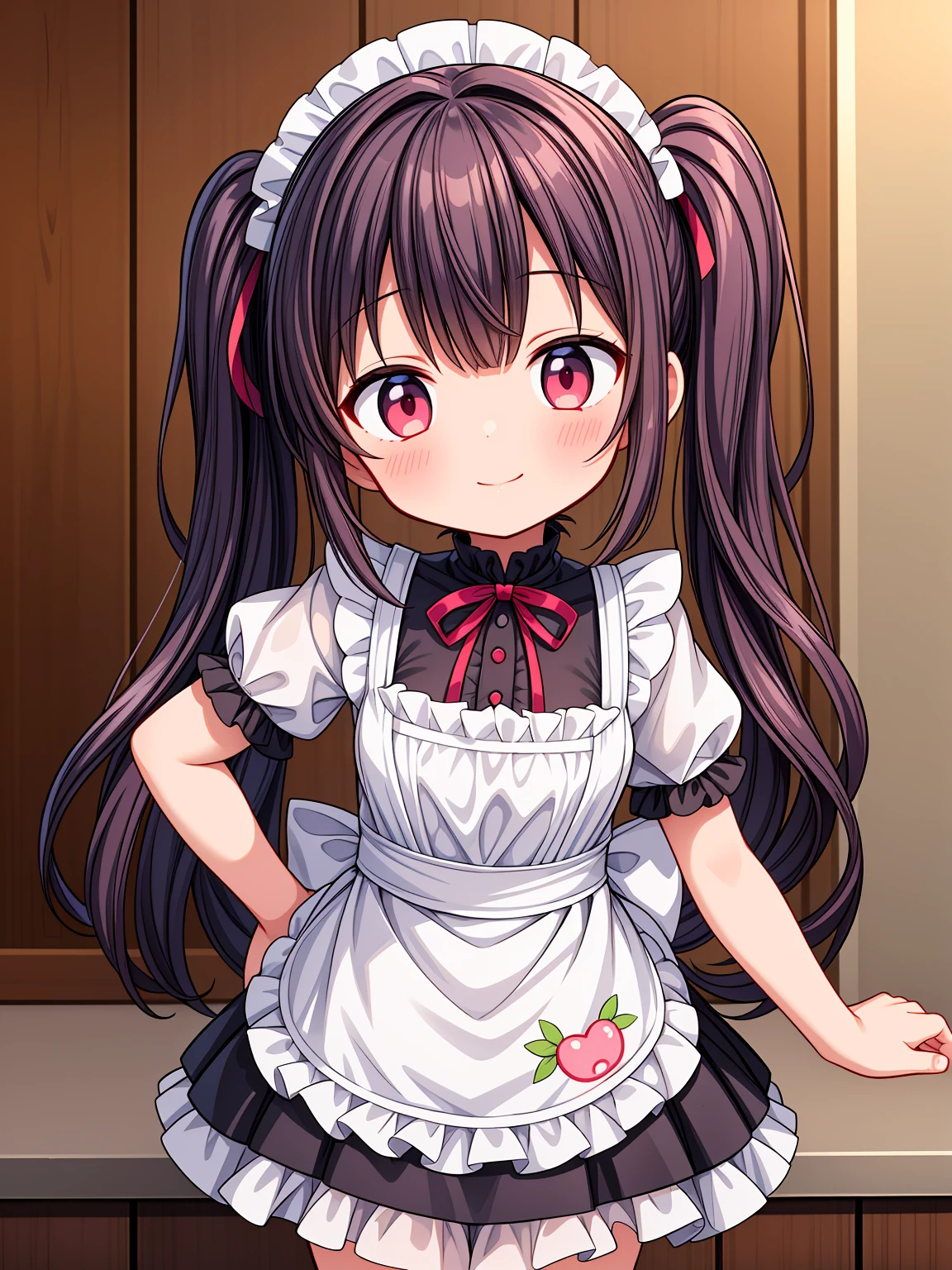 (Highest image quality), (highest quality), (masterpiece), (dynamic lighting), (photo realism), maid uniform, detailed face, ((loli)), ((girl)), (little curve), short pink hair, one side ponytail hairstyle, red eyes, ((very small bust)), (apron), smile, winking, kitchen background, ((very blushing)), ((detailed hands and fingers)), hands on the hips, viewer perspective from below, (blush), more detailed, EasyNegativeV2
