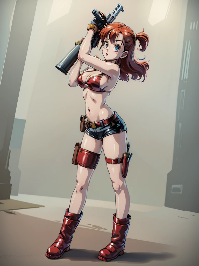 1girl, solo, gun, weapon, Leather Shorts, swimsuit, bulma, holster, boots, bikini, red hair, gloves, breasts, one side up, bikini top only, thigh holster, shorts, short shorts, cleavage, navel, medium breasts, handgun, full body, long hair, midriff, belt, thigh strap