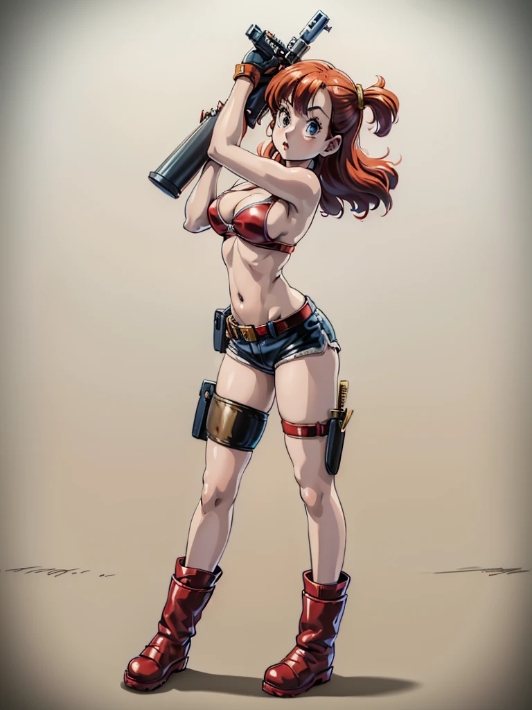 1girl, solo, gun, weapon, Leather Shorts, swimsuit, bulma, holster, boots, bikini, red hair, gloves, breasts, one side up, bikini top only, thigh holster, shorts, short shorts, cleavage, navel, medium breasts, handgun, full body, long hair, midriff, belt, thigh strap