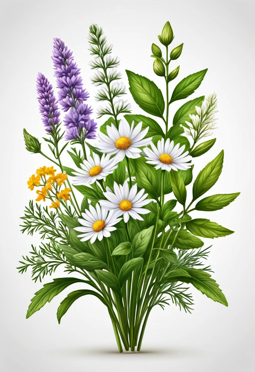 Holistic herbs and flowers, white background, vector logo, (best quality, masterpiece:1.2), ultra-detailed, (realistic, photo-realistic:1.37), highly detailed, intricate, elegant, graceful, minimal, clean, simple, photorealistic, digital art, 4k, 8k, highres