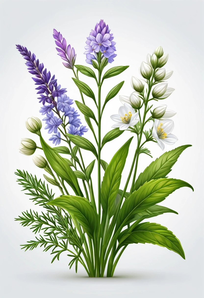 Holistic herbs and flowers, white background, vector logo, (best quality, masterpiece:1.2), ultra-detailed, (realistic, photo-realistic:1.37), highly detailed, intricate, elegant, graceful, minimal, clean, simple, photorealistic, digital art, 4k, 8k, highres