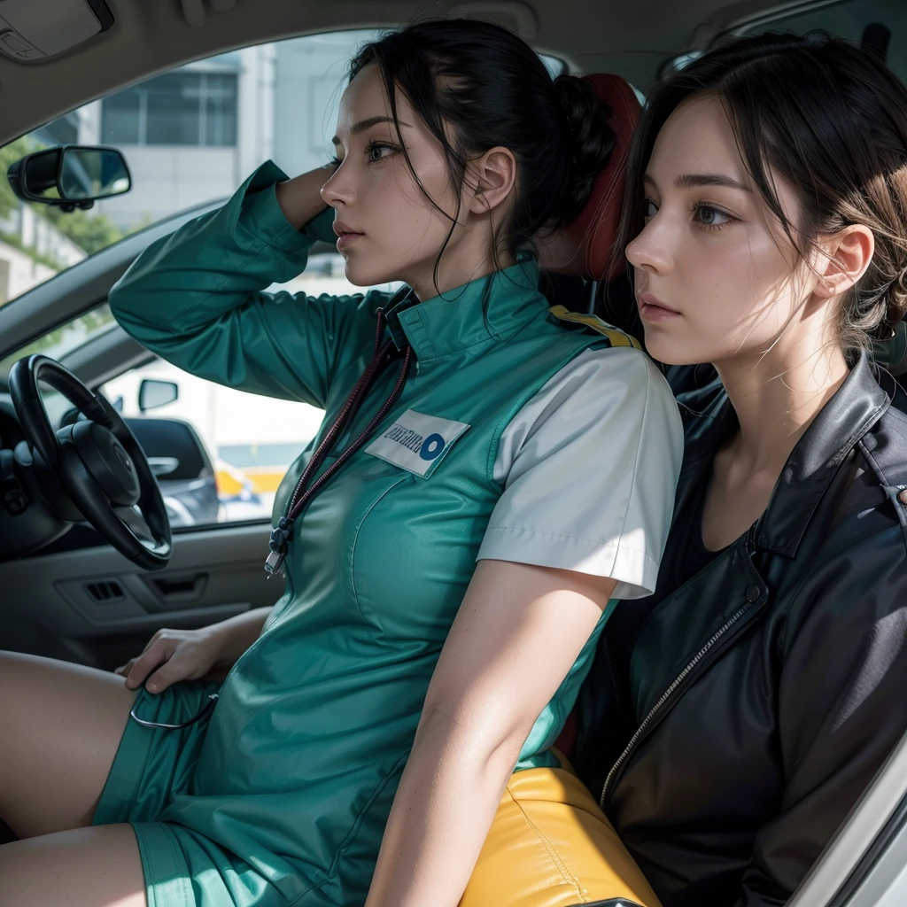 From the paramedics (a female paramedic and a male paramedic) from behind watching a car accident, can be digital art, Cartoon or anime