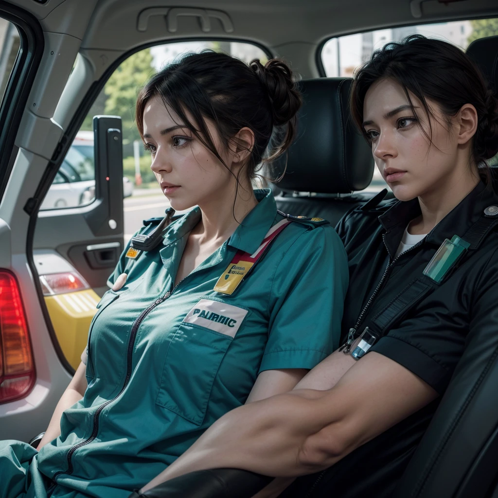 From the paramedics (a female paramedic and a male paramedic) from behind watching a car accident, can be digital art, Cartoon or anime 