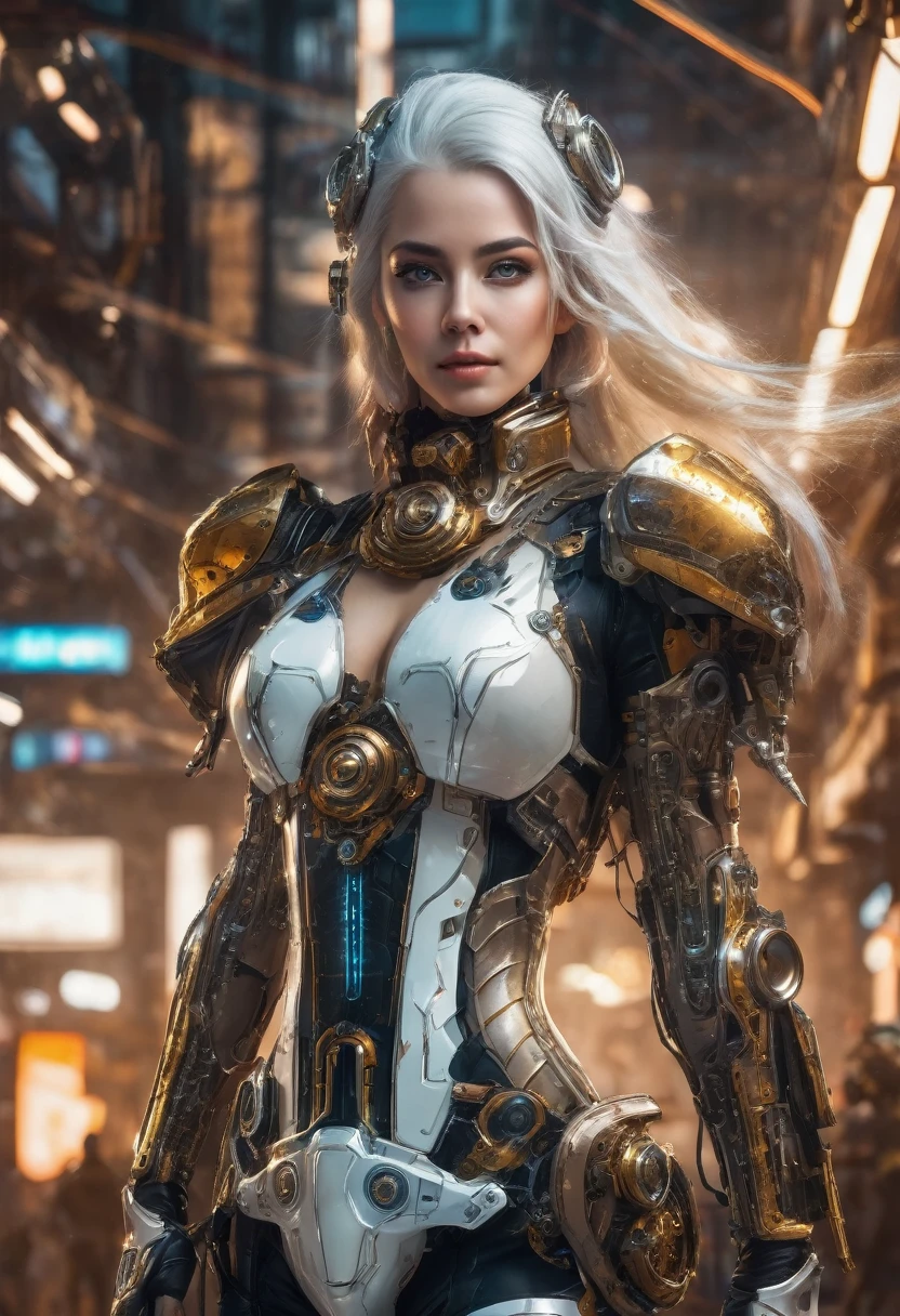 a beautiful woman in a sexy and futuristic steampunk armor, detailed white hair, honey-colored eyes, full body, in a futuristic world, (best quality,4k,8k,highres,masterpiece:1.2),ultra-detailed,(realistic,photorealistic,photo-realistic:1.37),highly detailed, intricate details, dramatic lighting, vibrant colors, cinematic composition