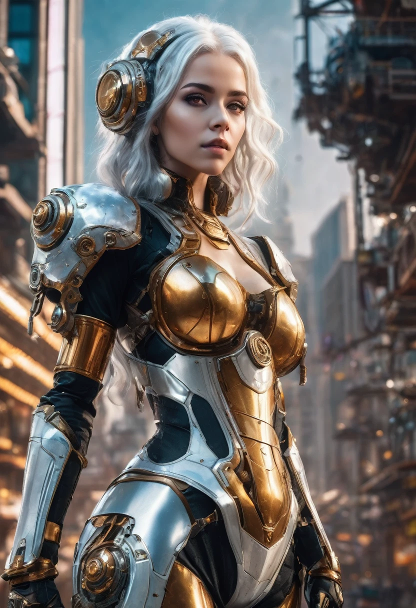 a beautiful woman in a sexy and futuristic steampunk armor, detailed white hair, honey-colored eyes, full body, in a futuristic world, (best quality,4k,8k,highres,masterpiece:1.2),ultra-detailed,(realistic,photorealistic,photo-realistic:1.37),highly detailed, intricate details, dramatic lighting, vibrant colors, cinematic composition