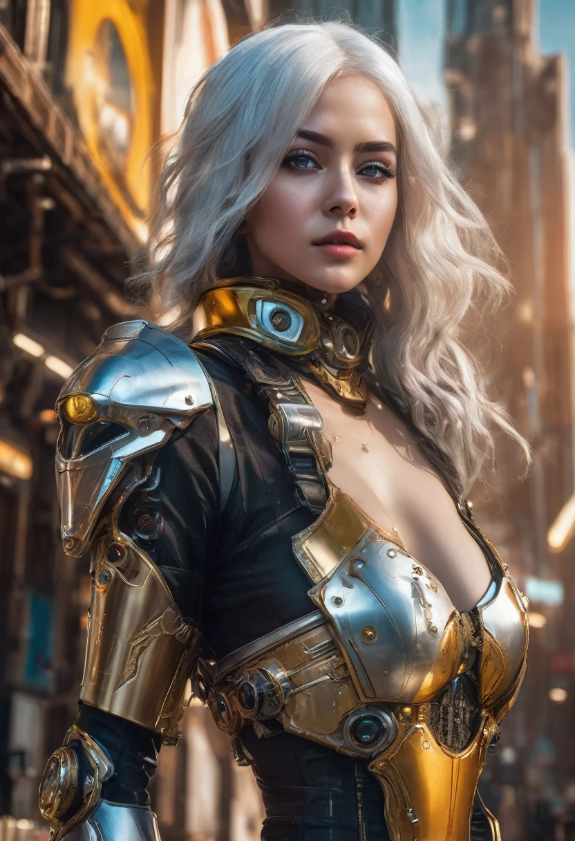a beautiful woman in a sexy and futuristic steampunk armor, detailed white hair, honey-colored eyes, full body, in a futuristic world, (best quality,4k,8k,highres,masterpiece:1.2),ultra-detailed,(realistic,photorealistic,photo-realistic:1.37),highly detailed, intricate details, dramatic lighting, vibrant colors, cinematic composition