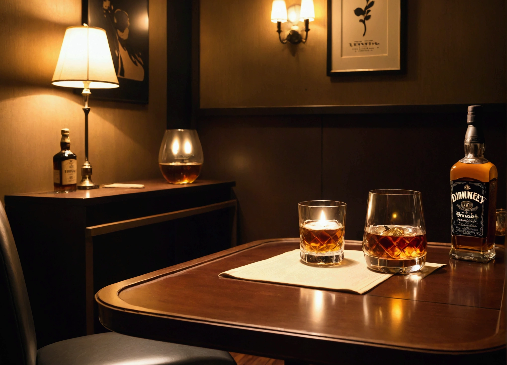 Private room、Close-up of a single-seater table、A glass of whiskey on the table1t、Music is playing、Dimly lit room