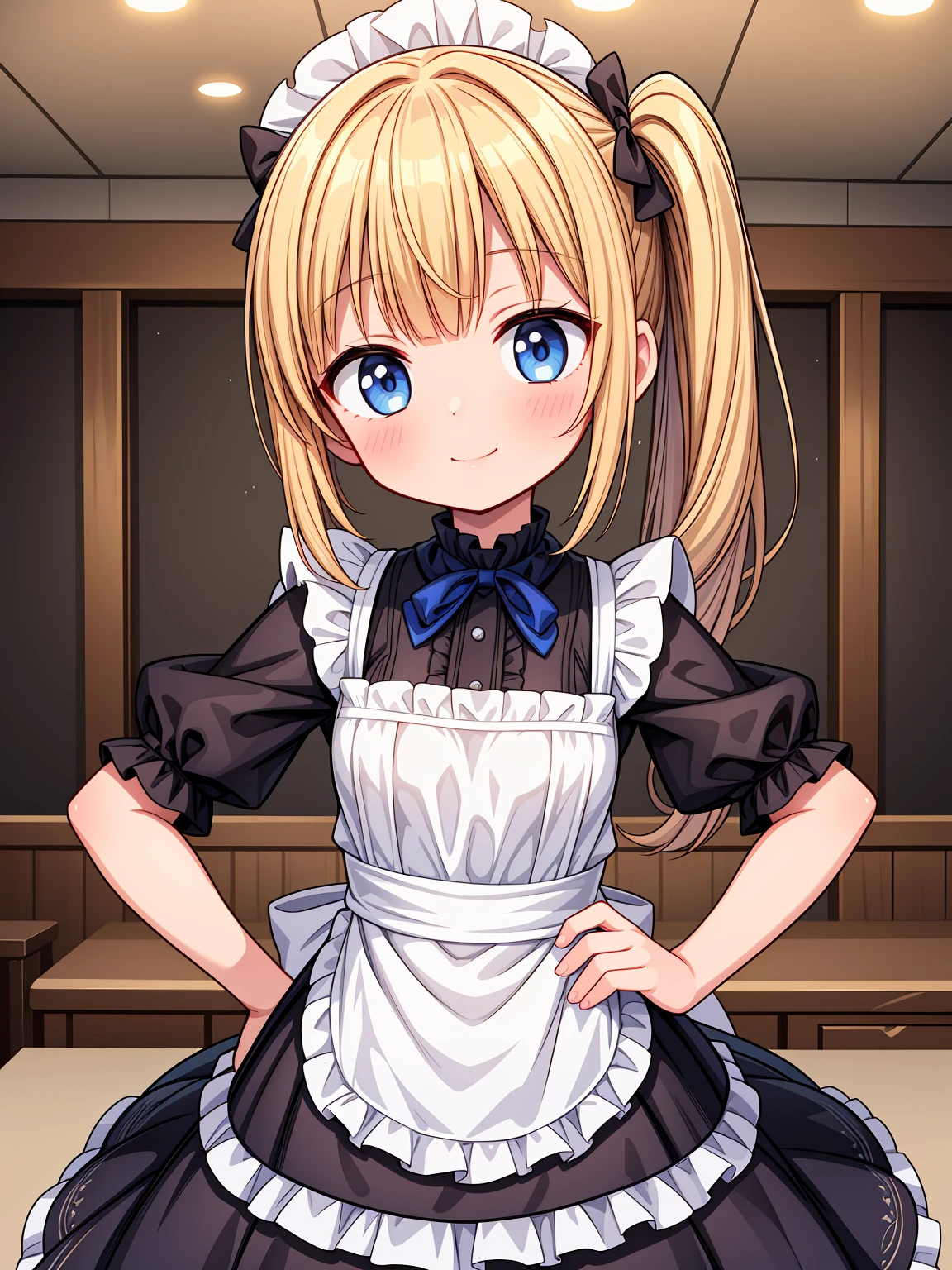 (Highest image quality), (highest quality), (masterpiece), (dynamic lighting), (photo realism), maid uniform, detailed face, (()), ((girl)), (little curve), short blonde hair, one side ponytail hairstyle, blue eyes, ((very small bust)), (apron), smile, winking, kitchen background, ((very blushing)), ((detailed hands and fingers)), hands on the hips, viewer perspective from below, (blush), more detailed, EasyNegativeV2