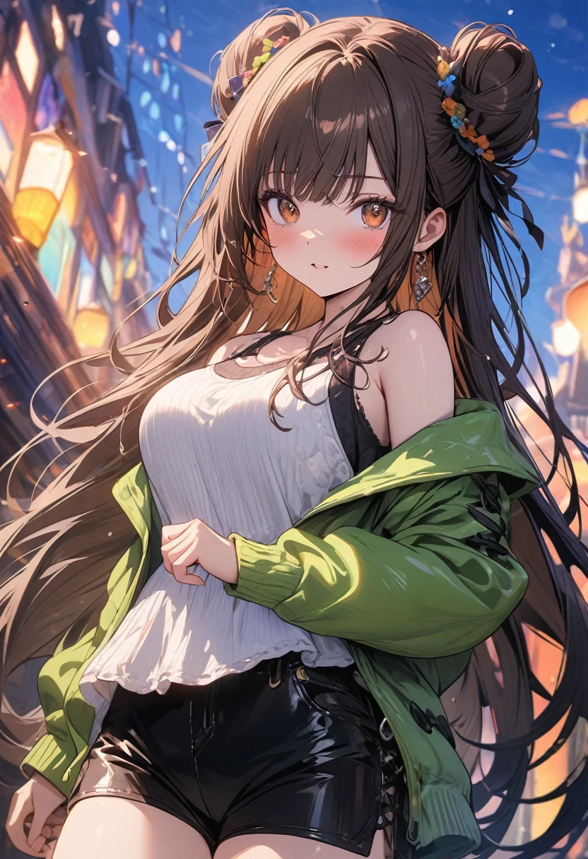 (masterpiece), best quality, very aesthetic, newest, absurdres, detailed, high quality
BREAK
highest quality, top quality, details, highres, ultra fine painting, digital art, official art, cinematic, 4k, 8k resolution, 8K CG wallpaper, CG, original artwork, detailed background, colorful background, blue atmosphere, High Dynamic Range, blurry background, blue hour, Starburst effects, crepuscular rays, good ISO, high resolution, wide shot, from far away, RAW photo, POV, sharp focus, light reflection, reflections, intricate details, soft light, particle noise, professional photography, bokeh, depth of field, natural lighting, vibrant colors, looking away, detailed lights and shadows, stylish, ultra-detailed, top rated on Pixiv, trending on Artstation, niji style, modern-days, master crafted, pose
BREAK
solo, (close up), 1girl, pale skin, correct fingers, detailed hand, (big breasts:1.2), big thighs, small torso, short body, flushtered, blush, anxious expression, embarassed, embarassed act, casual, slim, ((cute, childlike face):1.3), nice body, nice hips, brown hair, (very long flowing hair, 2 buns hairstyle), long bangs, long hair, middle hair bangs, brown eyes
BREAK
((black straps tank top), black string sweatshorts, off shoulders open green hoodie, modest)
BREAK
Indoors background