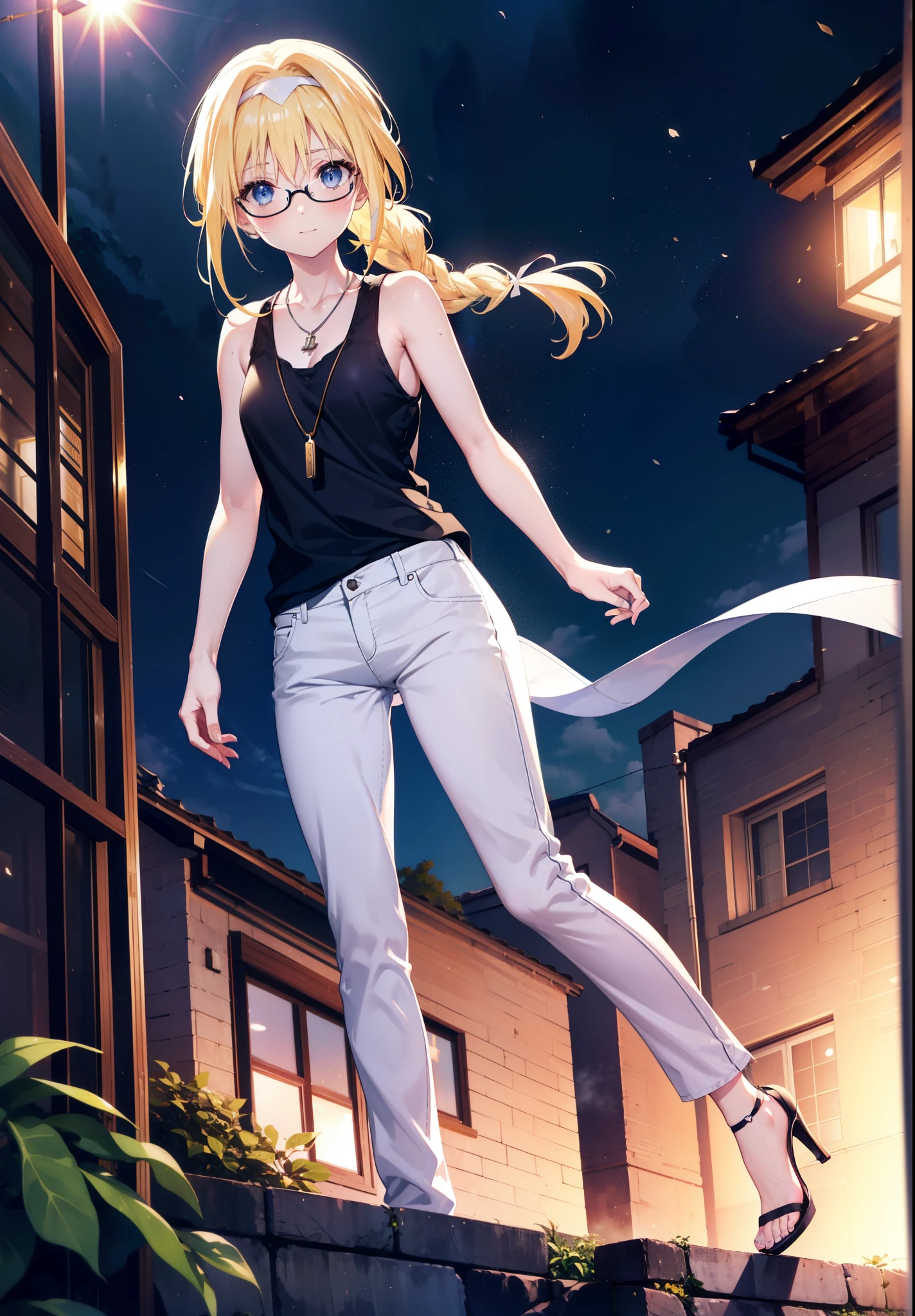 Alicesburg, Alice Zuberg, bangs, blue eyes, Blonde, Hair between the eyes, Very long braid, hair band, white hair band,Black-rimmed glasses,Yellow Tank Top,Locket Necklace,skinny pants,Stiletto heels,Walking,morning,morning陽,The sun is rising,whole bodyがイラストに入るように,smile,blush,
break outside, Residential Street,
break looking at viewer, whole body,
break (masterpiece:1.2), Highest quality, High resolution, unity 8k wallpaper, (figure:0.8), (Beautiful attention to detail:1.6), Highly detailed face, Perfect lighting, Highly detailed CG, (Perfect hands, Perfect Anatomy),