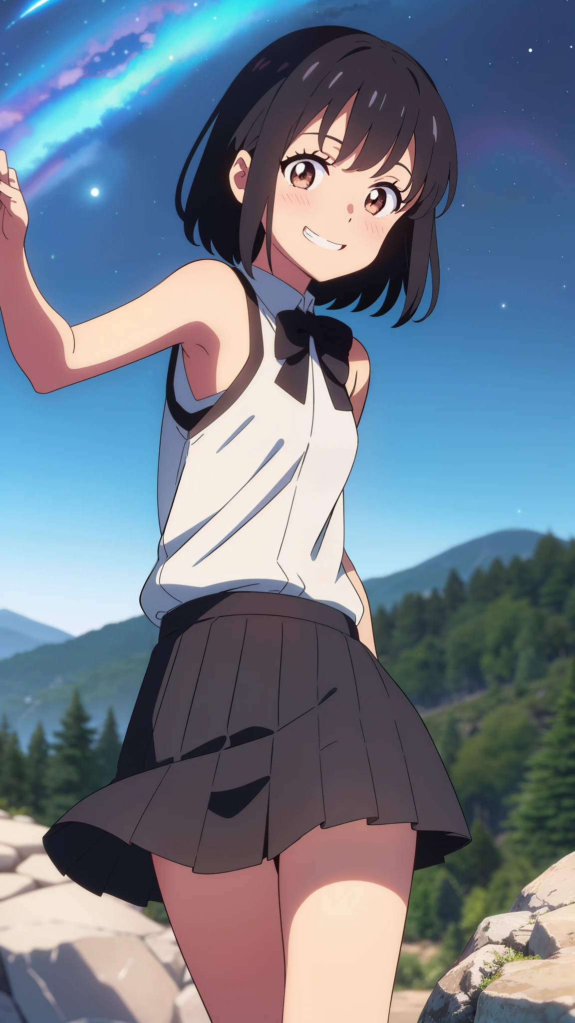 shinkai makoto, kimi no na wa., 1girl, bangs, black hair, blush, expressive eyes, brown eyes, perfect face, looking at the viewer, sleeveless dress, skirt, short hair, solo, outdoors, shinny skin, smile, cute, grin, night sky, mountains, rocks, (masterpiece), best quality