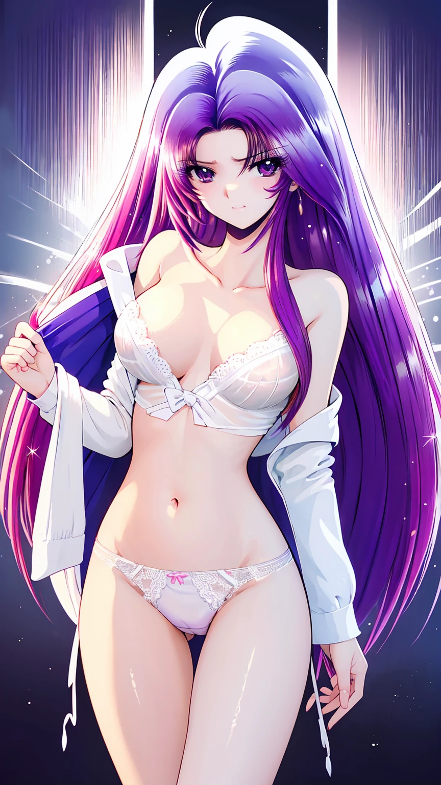 Kagami Hiiragi, 1girl, solo, twintails, hair ribbon, blue eyes, , white tighhighs. Purple Hair,,　 live stage, large breasts, 1girl, smile, large Breasts, naked, nsfw,　SOLO,, snow. nipple