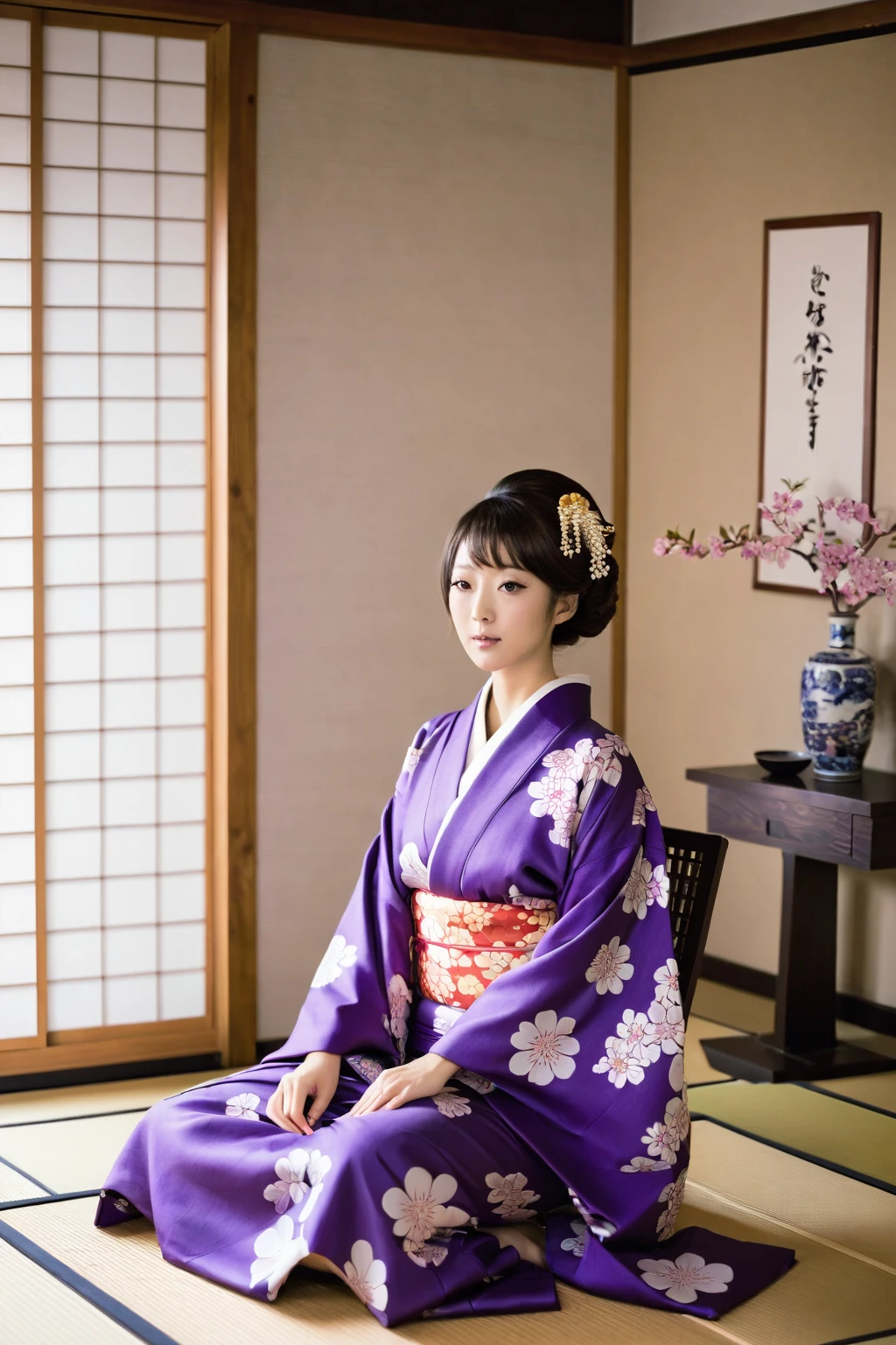 araffe in a purple kimono sitting on a chair in a room, in kimono, in a kimono, wearing royal kimono, wearing kimono, wearing a kimono, yukata, 色鮮やかなyukataを着て, classy yukata, Akemi Takada, japanese kimono, juri misaki, wearing a haori, Kotegawa Yui, kimono