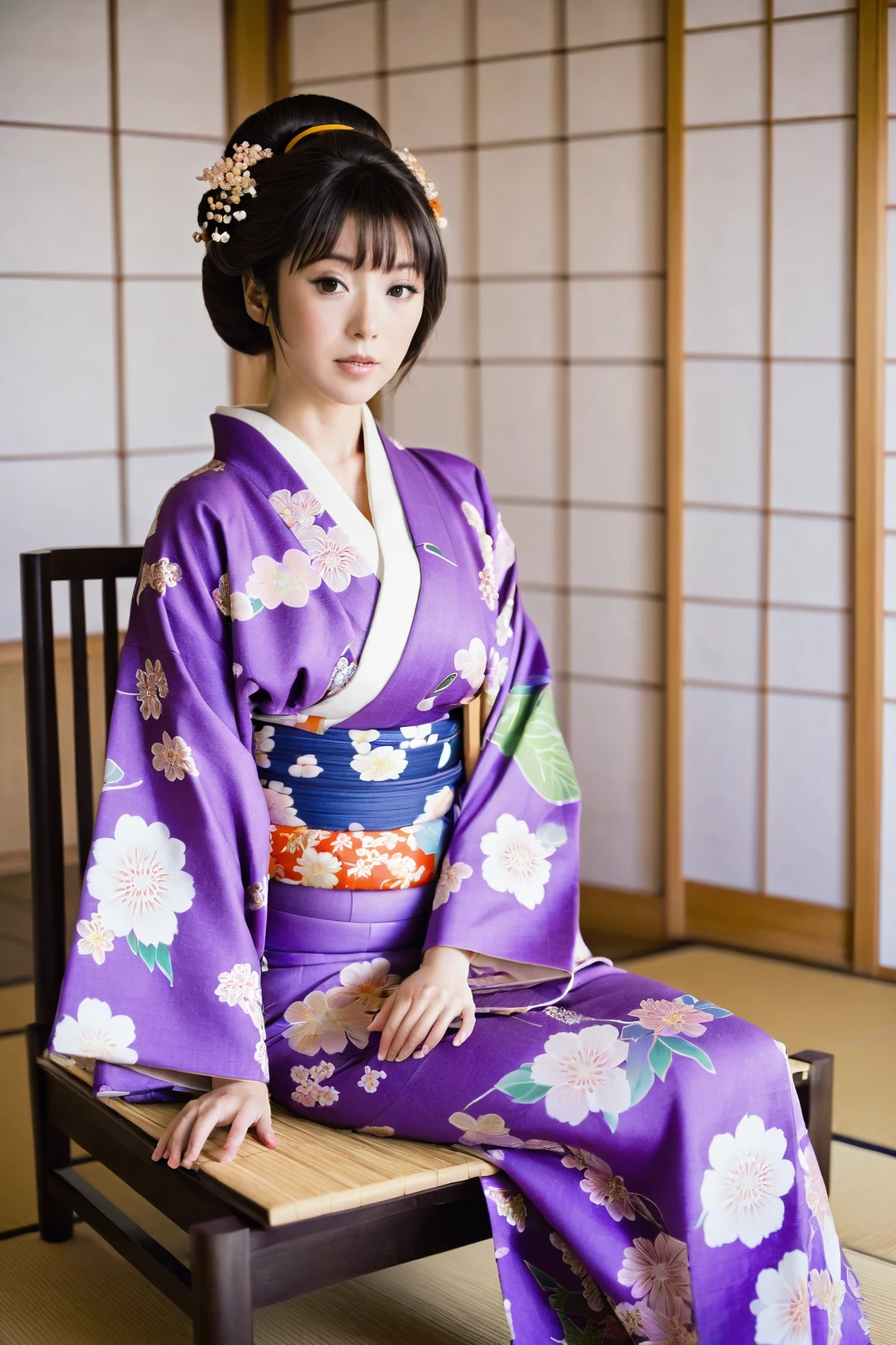 araffe in a purple kimono sitting on a chair in a room, in kimono, in a kimono, wearing royal kimono, wearing kimono, wearing a kimono, yukata, 色鮮やかなyukataを着て, classy yukata, Akemi Takada, japanese kimono, juri misaki, wearing a haori, Kotegawa Yui, kimono