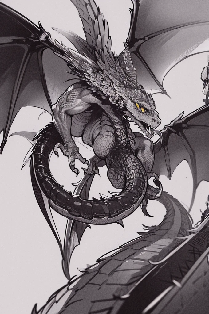 extremely detailed dragon with wings spread, ink drawing style