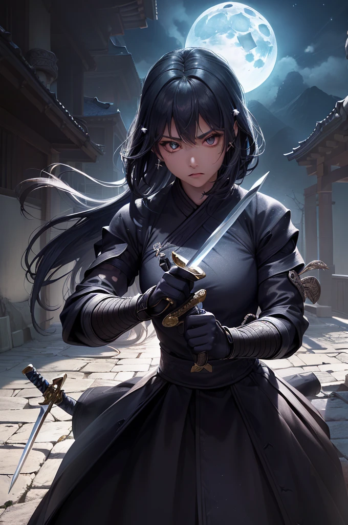 A Ninja Wrapped in Shadows stands in an ancient temple, their Almost a ghostly being. (masterpiece:1.2, Highest quality), (Beautiful, detailed eyes: 1.2), (Detailed Background, Dark fantasy), (Beautifully detailed face), High Contrast, (Best lighting, Very delicate and beautiful), ((Cinematic Light)), (Ninja Wrapped in Shadows:1.4), (Almost a ghostly being:1.3), (The twinkle of a polished sword:1.5), (Catch the moonlight rays:1.3), (Atmosphere tension:1.3), (Expectations for the next move:1.4), (Very detailed), (Sharp focus), (Realistic).