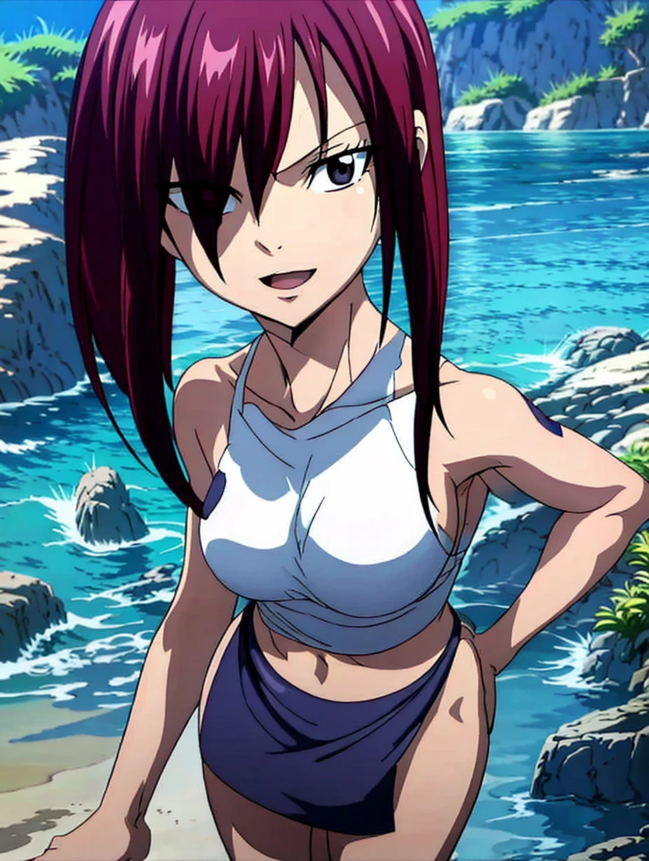 masterpiece, anime style, beach, best quality, highres, fairy tail, 1girl, short hair, black hair,large breasts, collarbone, midriff, standing, outdoors, smile, open mouth, emo hair, thick arms, broad shoulders, mature woman, (tall), wide shoulders, long belly, hands on hips, strong arms, ultra detailed arms, Fang, 