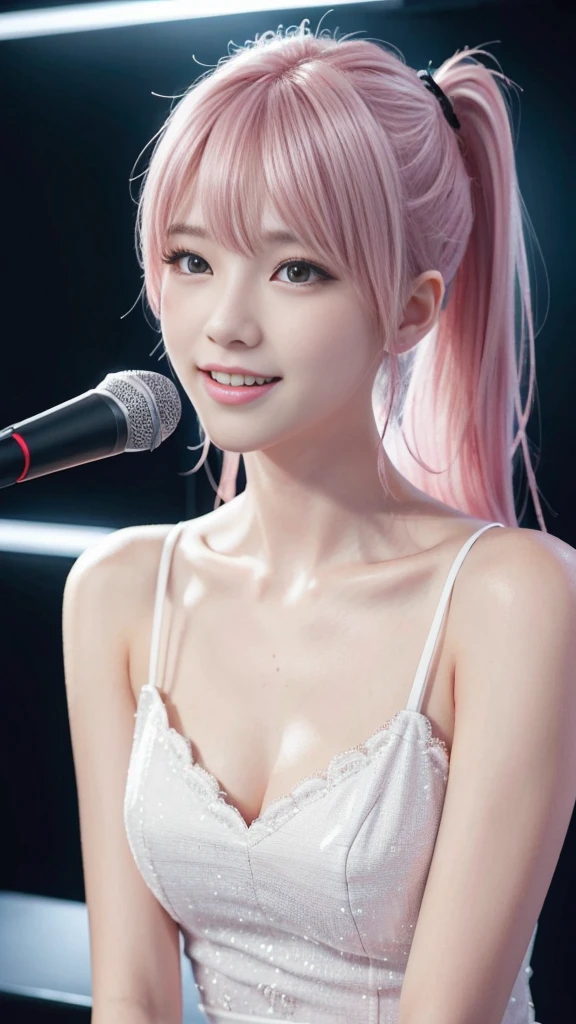 A woman with pink hair and a white dress, Anime realism style, Unreal 5. RPG Portrait, cgsociety portrait, Realistic art style, Smooth anime CG art, Photorealistic Anime Girl Rendering, Realistic anime 3D style, Loss Draw 1. 0, Realistic 3D animation, ArtJam ; 3d unreal engine, Realistic anime art style,The background is the inside of a karaoke booth.,The best smile、Side Ponytail、singing a song with a microphone