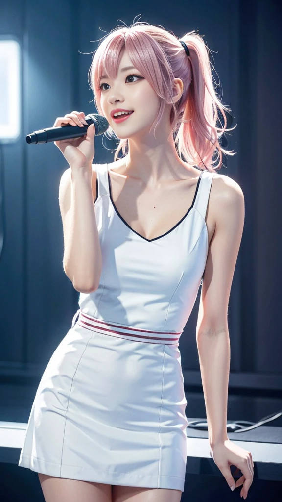 A woman with pink hair and a white dress, Anime realism style, Unreal 5. RPG Portrait, cgsociety portrait, Realistic art style, Smooth anime CG art, Photorealistic Anime Girl Rendering, Realistic anime 3D style, Loss Draw 1. 0, Realistic 3D animation, ArtJam ; 3d unreal engine, Realistic anime art style,The background is the inside of a karaoke booth.,The best smile、Side Ponytail、singing a song with a microphone