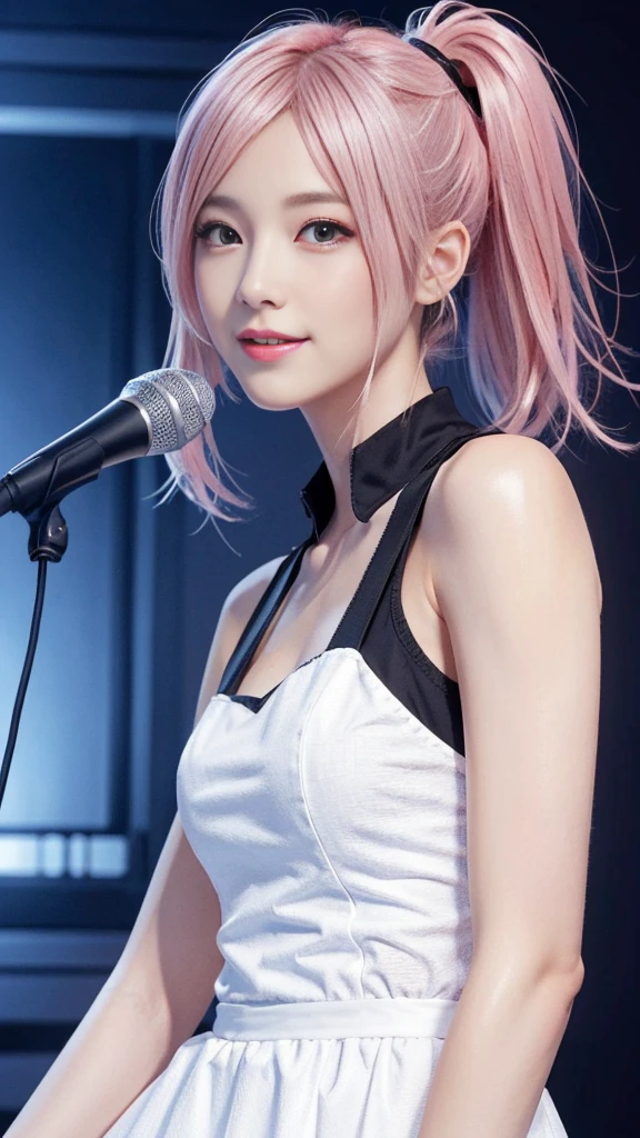 A woman with pink hair and a white dress, Anime realism style, Unreal 5. RPG Portrait, cgsociety portrait, Realistic art style, Smooth anime CG art, Photorealistic Anime Girl Rendering, Realistic anime 3D style, Loss Draw 1. 0, Realistic 3D animation, ArtJam ; 3d unreal engine, Realistic anime art style,The background is the inside of a karaoke booth.,The best smile、Side Ponytail、singing a song with a microphone