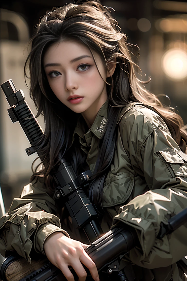 masterpiece, highest quality, Highest image quality, High resolution, photo realistic, Raw photo,( sniper shooting sniper rifle, sniper rifle in shooting, face close to sniper rifle, concentration in shooting, bullets in air, fire track in air)
