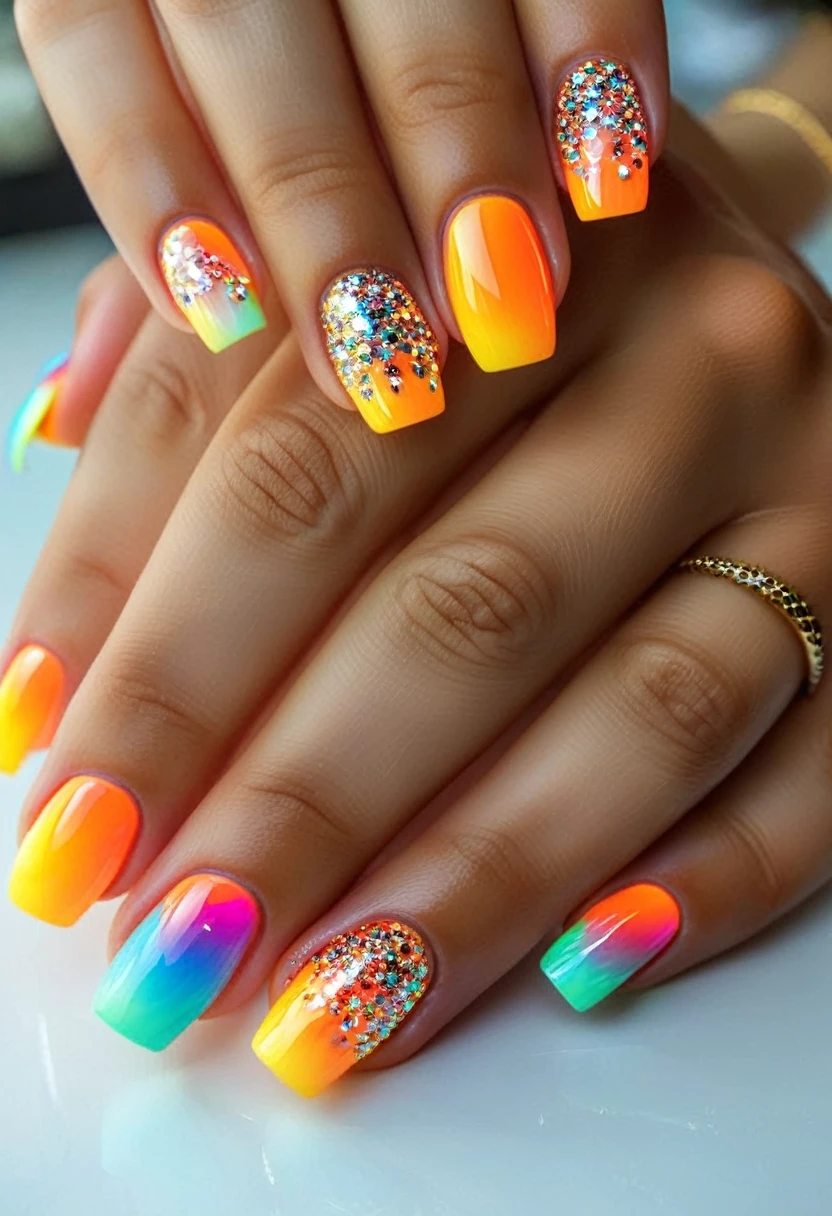 colorful detailed nails, intricate nail art, multiple nail designs, shiny metallic nails, neon glitter nails, holographic nail polish, 3d nail decorations, gemstone embellished nails, abstract nail art patterns, vibrant ombre nails, (best quality,4k,8k,highres,masterpiece:1.2), ultra-detailed, (realistic,photorealistic,photo-realistic:1.37), macro photography, studio lighting, professional nail salon