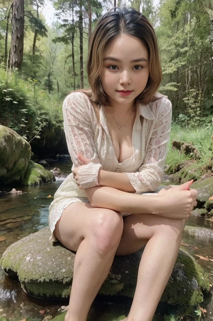 cute girl, brown hair, (full body), wearing medieval long cotton nightie clothes, sitting on a rock, feet in the water, Drenched hair, The background is a forest, sunset, (masterpiece, best quality, award winning, highres), skinny, intricate and beautiful design, highly detailed beautiful face, super detailed beautiful eyes, light smile, sitting near stream, forest, leaves flow, windy, sun lights through forest, fantasy art, dynamic lighting, cinematic lighting, hyper realistic, extremely CG detail, octane render, (artistic + masterpiece:1.4), (incredibly detailed eyes), (8k, Photorealistic, Photo RAW, Best quality: 1.4), (UHD), (Ultra high realism), (Ultra high definition), (Ultra high detail), (Realistic face), Beautiful hairstyle, Realistic bright amber eyes, Beautiful details, (Realistic skin), Pale, smooth and luminous skin with iridescent shine and no imperfections, Ultra high definition, Ultra realistic, Highly detailed, (Cleavage: 0.8)