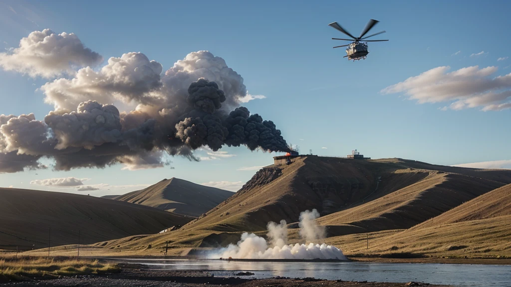 DRAW A PICTURE OF A FLYING HELICOPTER ATTACKING AN OIL MINE UNTIL IT BURNS