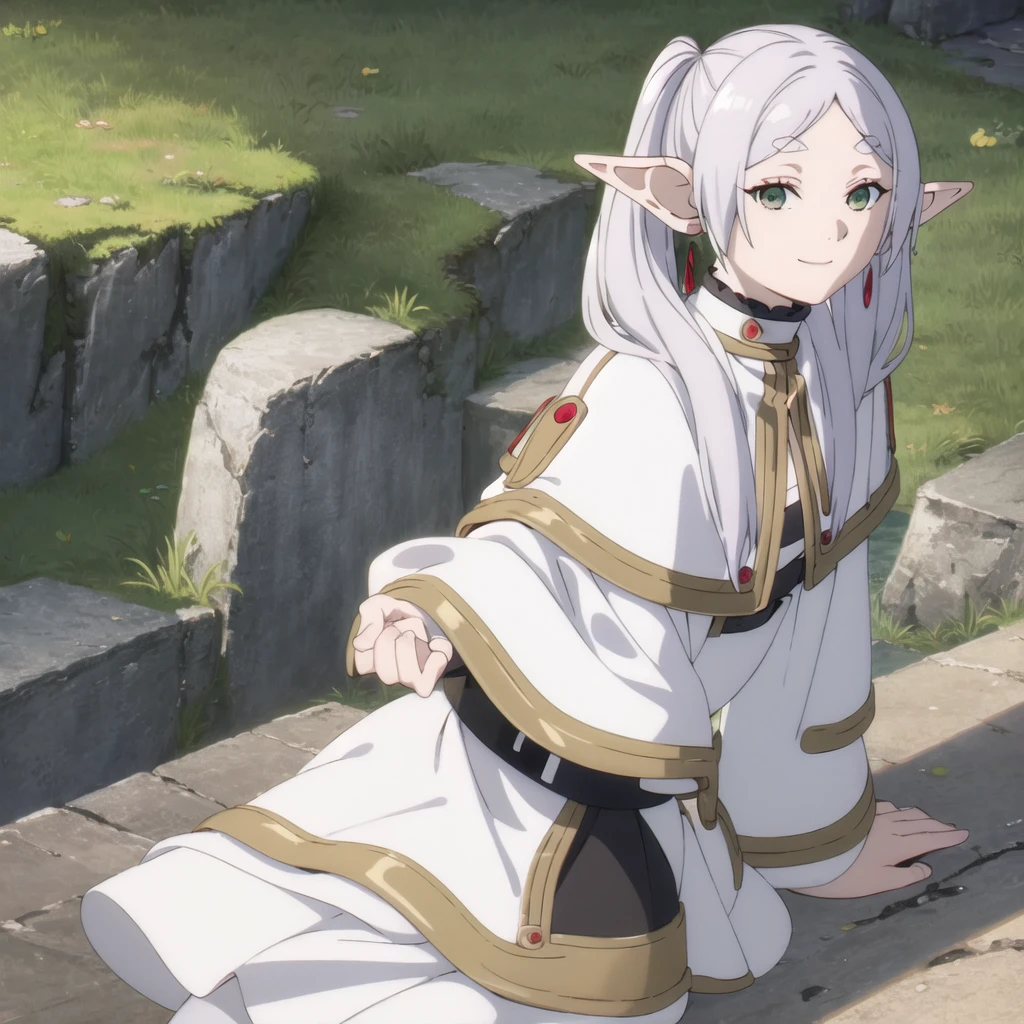 1girl, (masterpiece:1.3), (high resolution), (8K), (extremely detailed), (4k), (pixiv), perfect face, nice eyes and face, (best quality), (super detailed), detailed face and eyes, (solo), textured skin, absurdres, highres, a frog over her headwz_sousou_no_frieren_style, wz_sousou_no_frieren_style, twintails, very long hair, silver hair, pointy ears, elf, white capelet, green eyes,  black pantyhose, earrings, white skirt, belt, white sleeves, light, face picture pov, smile, light rays, sunlight