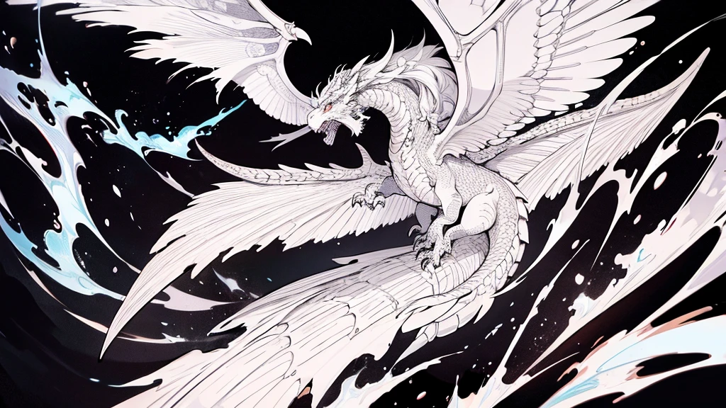 extremely detailed dragon with wings spread, ink drawing style