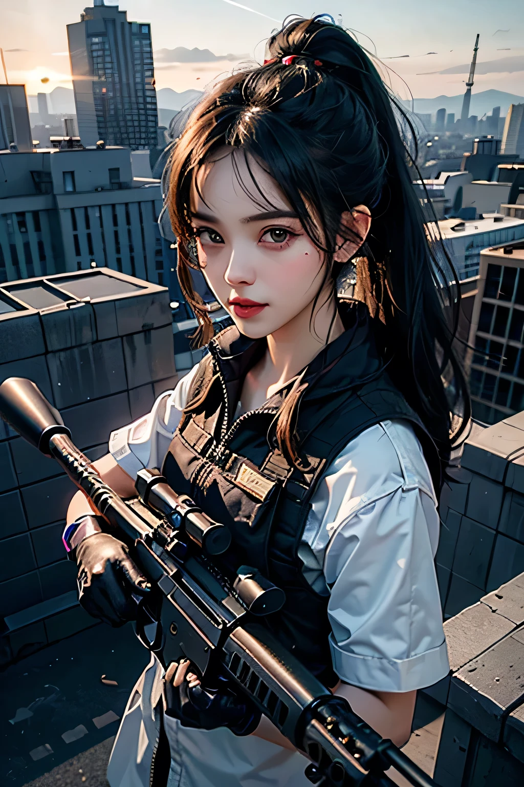 A highly detailed and realistic 8K portrait of a confident and beautiful female sniper with long black hair in a ponytail, wearing a black suit, headset and wielding a long sniper rifle with scope, standing on the rooftop of an office building in a city skyline, with a perfect anatomical physique and a charming smile, (best quality,8k,highres,photorealistic,masterpiece:1.2),ultra-detailed,physically-based rendering,professional,vivid colors,HDR,studio lighting,sharp focus,1girl,beautiful detailed eyes,beautiful detailed lips,extremely detailed face and skin,long eyelashes,confident expression,office building,cityscape,sniper rifle,scope,ponytail, gun, black gloves、Aim the rifle correctly、Full body photo、Talking using a headset