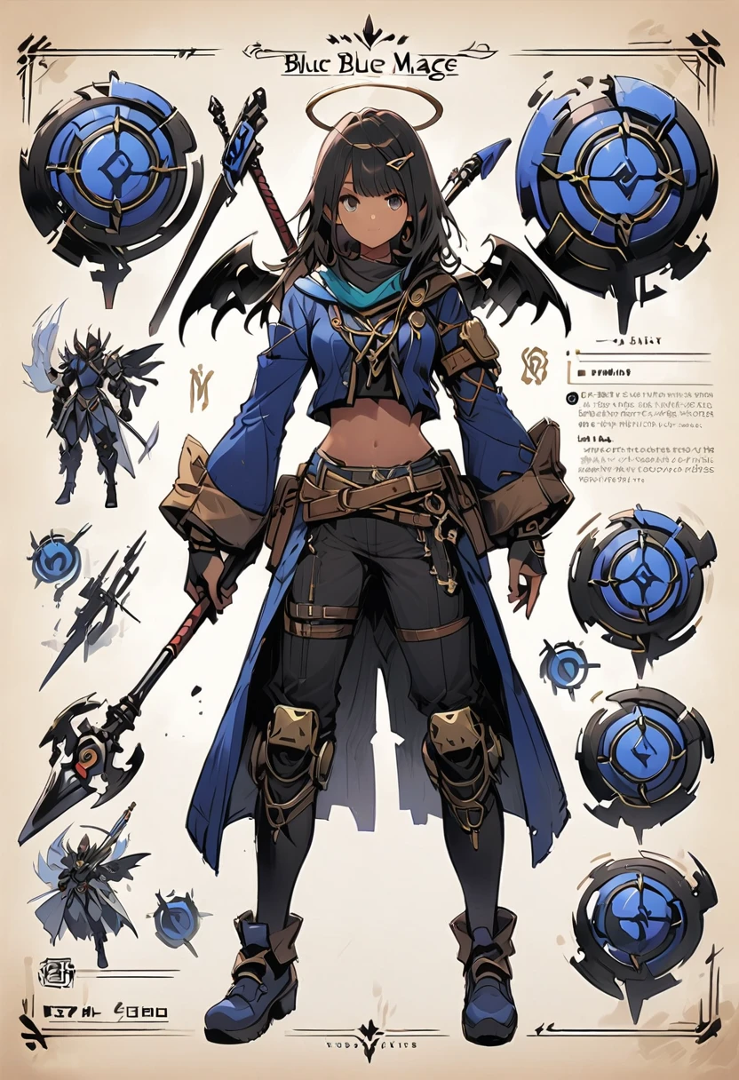 Framed Presentation of a blue paper mage, woman character design sheet, with detailed accessories, shoes, multiple weapons, deep blue mecanical equipament, high tech, staffs, full body, abs