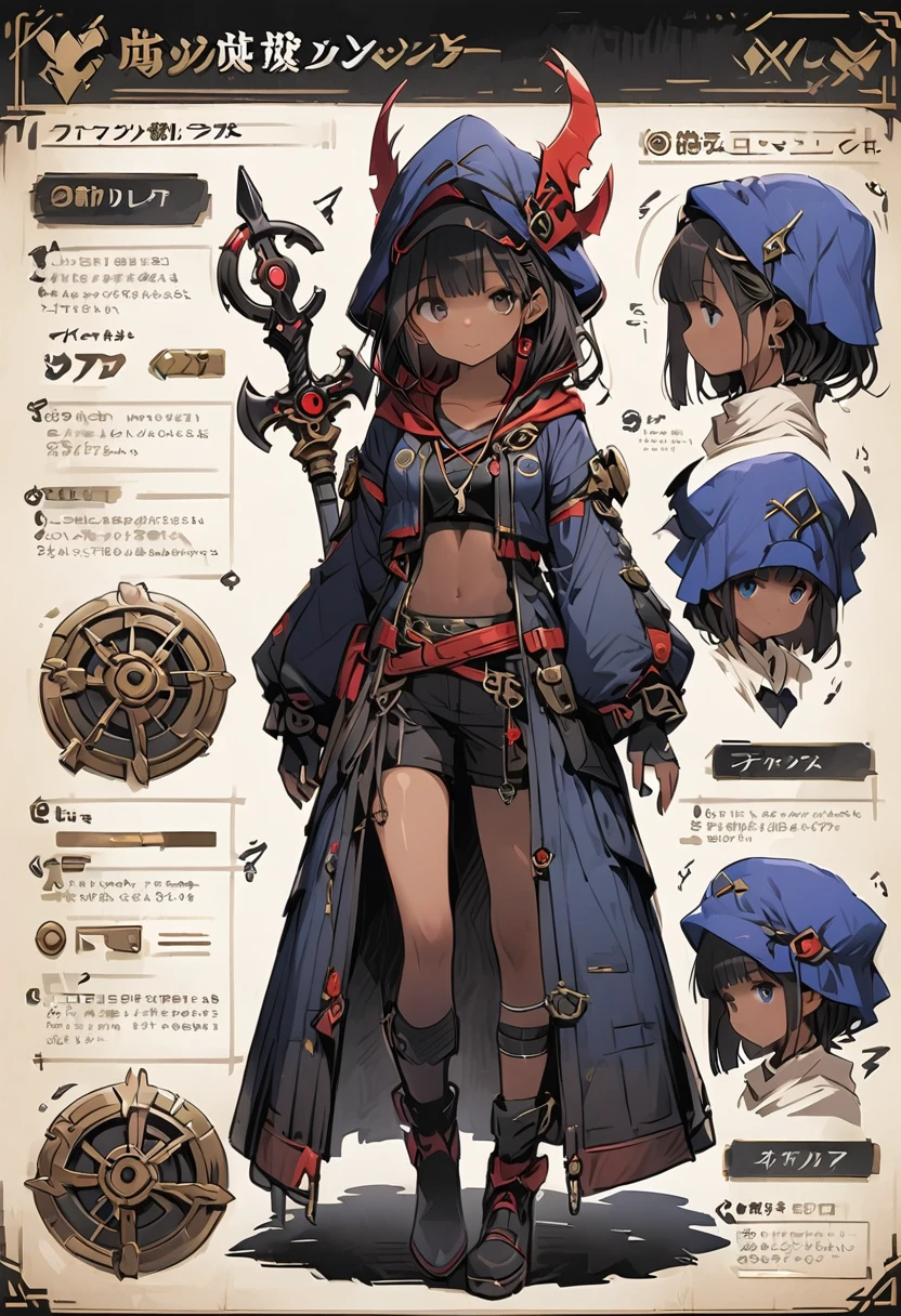 Framed Presentation of a blue paper mage, woman character design sheet, with detailed accessories, shoes, multiple weapons, deep blue mecanical equipament, high tech, staffs, full body, abs