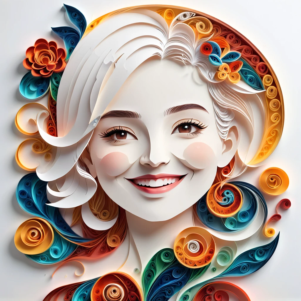 Paper Art,(Flat paper cut,Paper Art,layered Paper Art,Paper Quilling, The art of math),Pure white background, Smiling woman,(high definition, artwork, Better Quality, Ultra-high resolution)