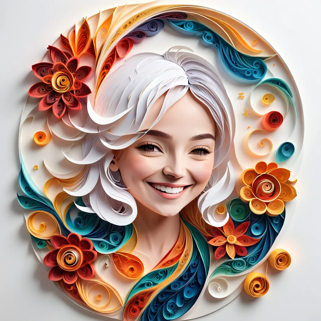 Paper Art,(Flat paper cut,Paper Art,layered Paper Art,Paper Quilling, The art of math),Pure white background, Smiling woman,(high definition, artwork, Better Quality, Ultra-high resolution)