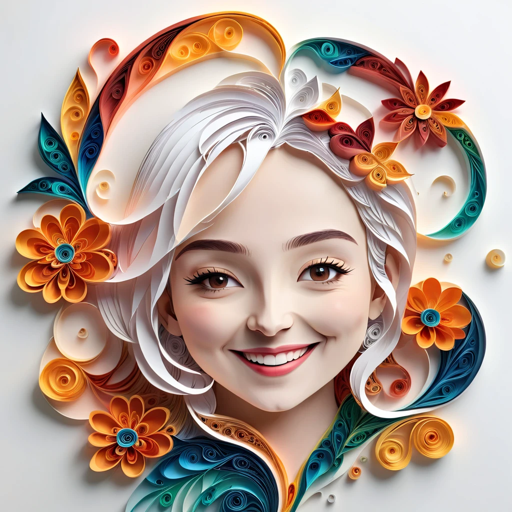 Paper Art,(Flat paper cut,Paper Art,layered Paper Art,Paper Quilling, The art of math),Pure white background, Smiling woman,(high definition, artwork, Better Quality, Ultra-high resolution)