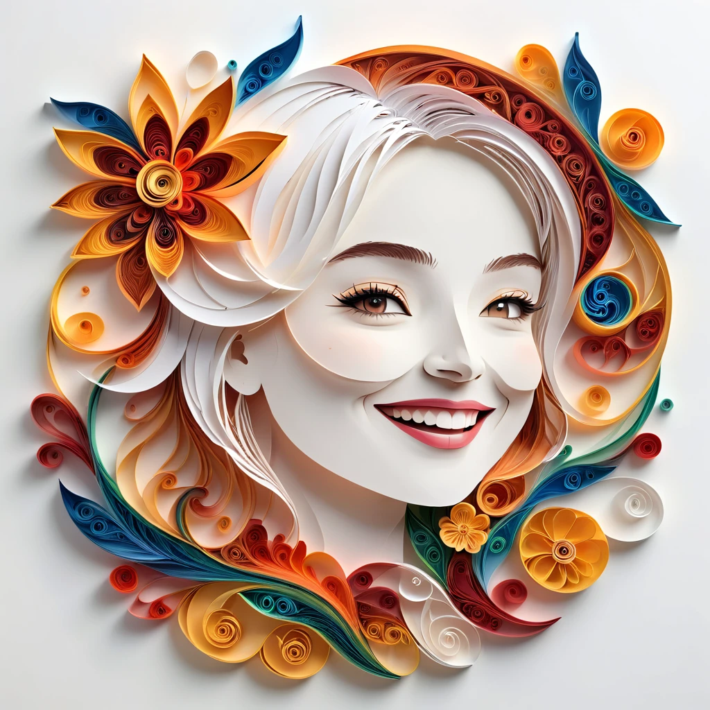 Paper Art,(Flat paper cut,Paper Art,layered Paper Art,Paper Quilling, The art of math),Pure white background, Smiling woman,(high definition, artwork, Better Quality, Ultra-high resolution)