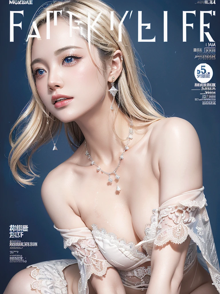 Navy Blue Background、Professional Lighting、(((Professional Lighting 1.5)))、Translucent skin texture、Beautiful Skin、Beautiful Skin、、(((Whitening 1.5)))、Lace pattern bra、See through、、Ecstasy of Musical Notes、((Nude 1.5))、See through1.5、Mid-shot photo、Simple earrings and necklace、(((ファッションMagazine Cover 1.5)))、(((Magazine Cover 1.5)))、Blonde Hair、Profile 1.5