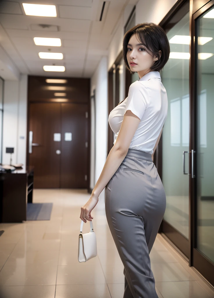 24year old beautiful girl、Beauty、Japanese、cute、beautiful girl、slim、Highest quality、Realistic、16K、panoramic、((Best Quality, 8k, Masterpiece: 1.3)), 1 girl, full body, slim face, beautiful woman, Woman walking down an office corridor, White wall, Grey table, plant, Sexy pose, Blur the background, concentrate,
(((masterpiece))), ((Highest quality)), ((Exquisitely crafted)), ((surreal)), An absurd solution, Mature Woman, Mature Woman, perspective, Very detailed, shape, One Girl, ((Larger breasts)), Perfect hands, Detailed fingers, Beautiful attention to detail, short hair, bionde, blue eyes, name tag, chief executive officer(chief executive officer(CEO)), (business suit:1.2),, shirt, Tight Skirt,, Earrings, Detailed Background, Bedroom, Perfect Eyes, Back view、大きめのお尻、Focus on the big butt、振り向いて