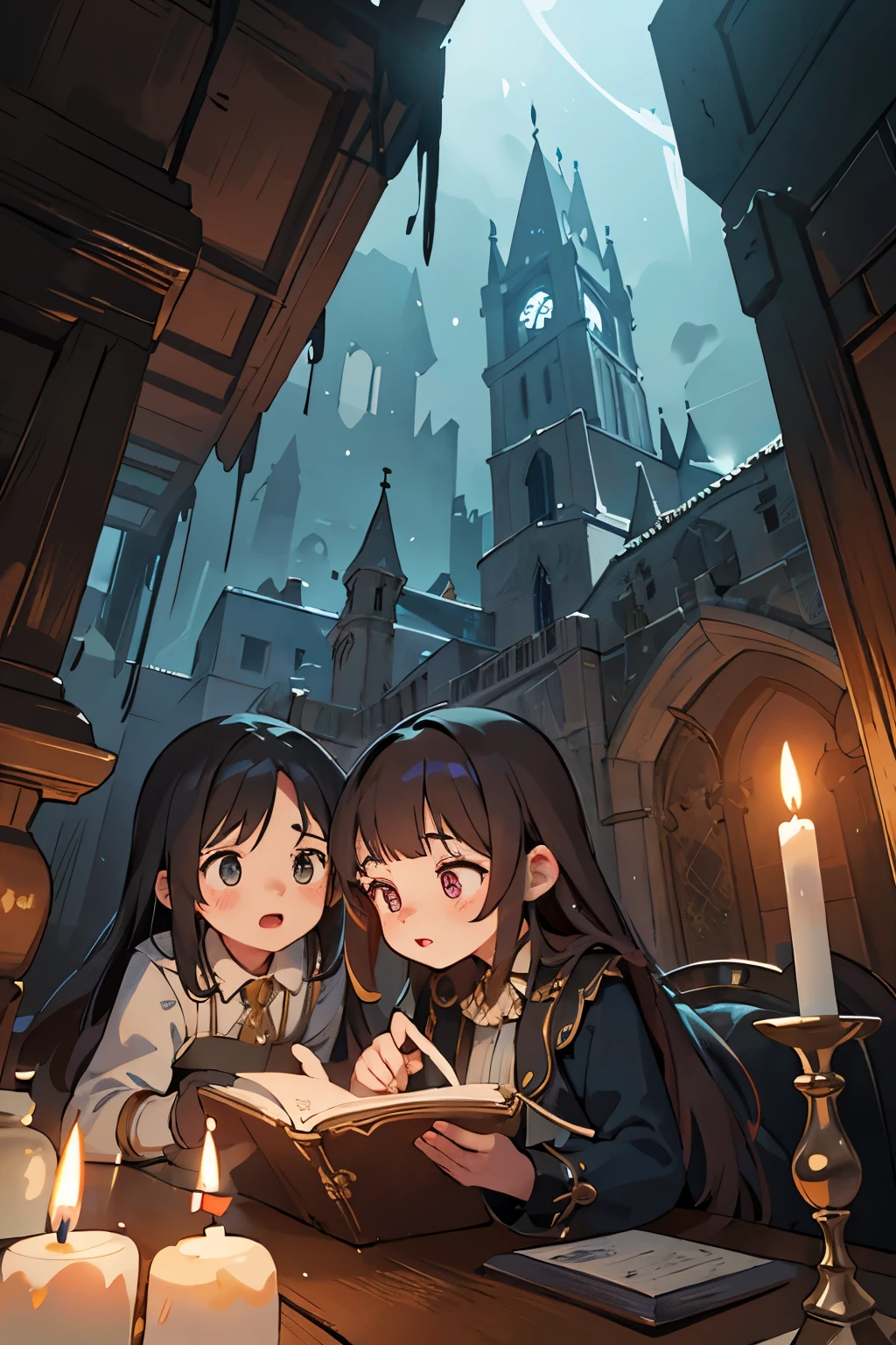 a detailed fantasy scene of three young girls exploring an ancient, mysterious house, extremely detailed eyes and faces, beautiful detailed lips, longeyelashes, highly realistic, photorealistic, 8k, masterpiece, studio lighting, vivid colors, dramatic lighting, ornate architecture, dusty textures, cobweb-covered walls, mysterious atmosphere, sense of discovery, warm light from candles, glowing magical artifacts, capture the essence of this magical and mysterious encounter. Your drawing will be fundamental for the creation of a unique publication, which combines the gothic atmosphere and the charm of the supernatural. Remember to add evocative details, such as candle flames dancing in the dark, shadows moving ominously along the rock walls, . Highlight the aura of mystery and emotion that this forbidden encounter evokes.