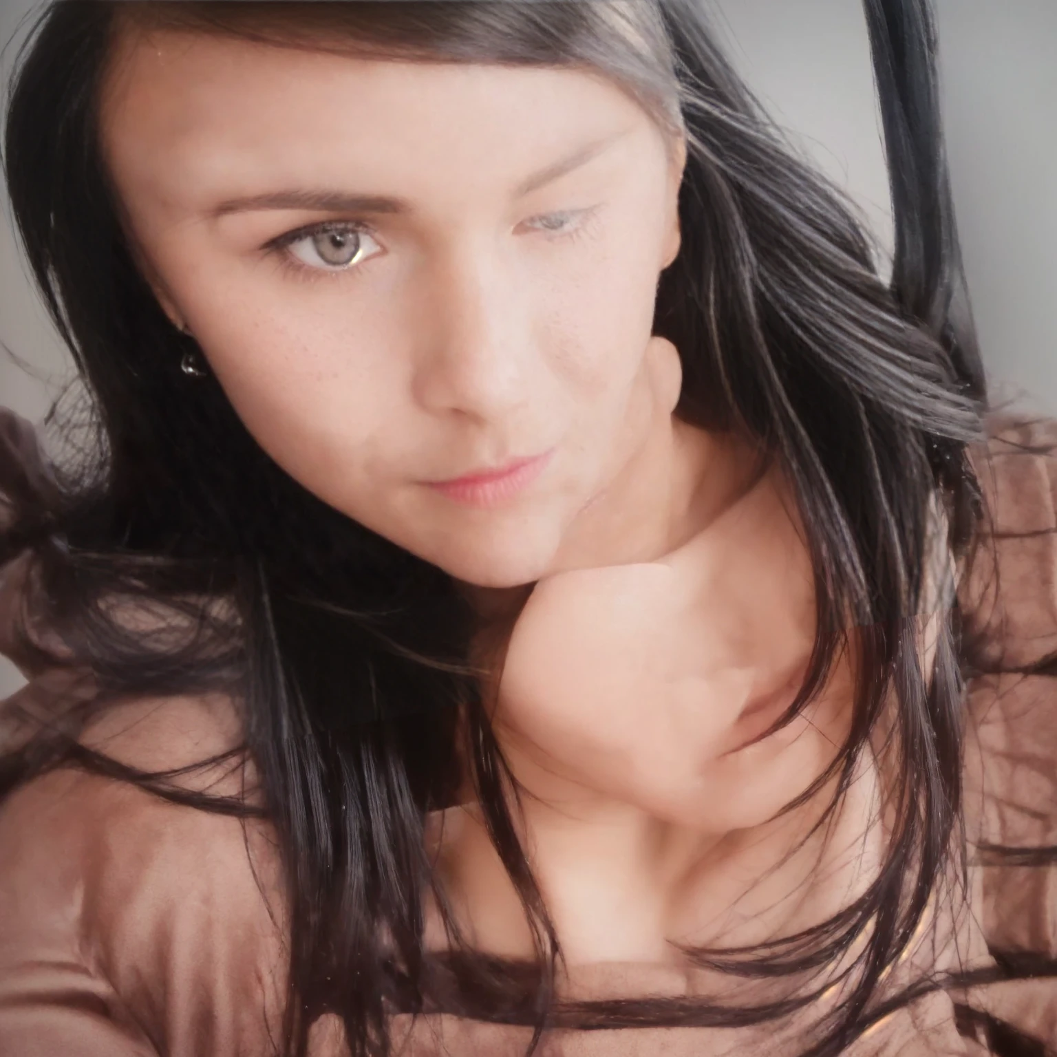 a woman sitting on a bench, holding a cellphone, taking a selfie, beautiful detailed eyes, beautiful detailed lips, extremely detailed face, long eyelashes, photorealistic, 8k, hyper detailed, intricate, masterpiece, realistic skin texture, perfect lighting, warm color palette, shallow depth of field