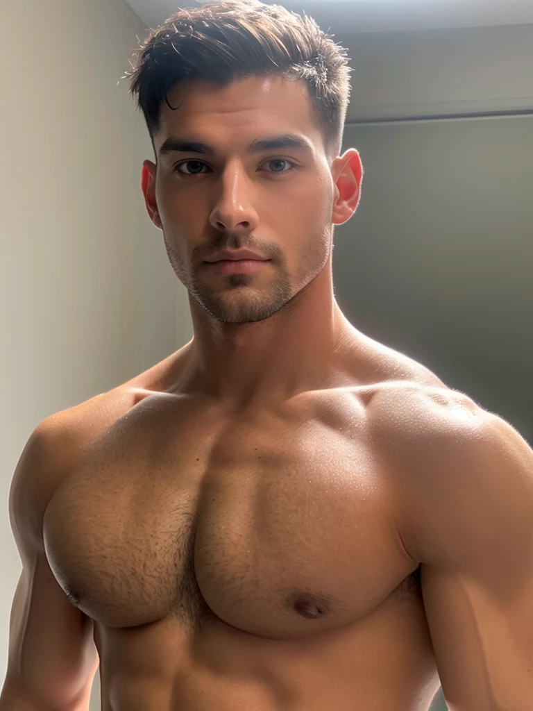 man frontal angle chest reference frontal neutral light, white skin and big pectorals no hair in chest