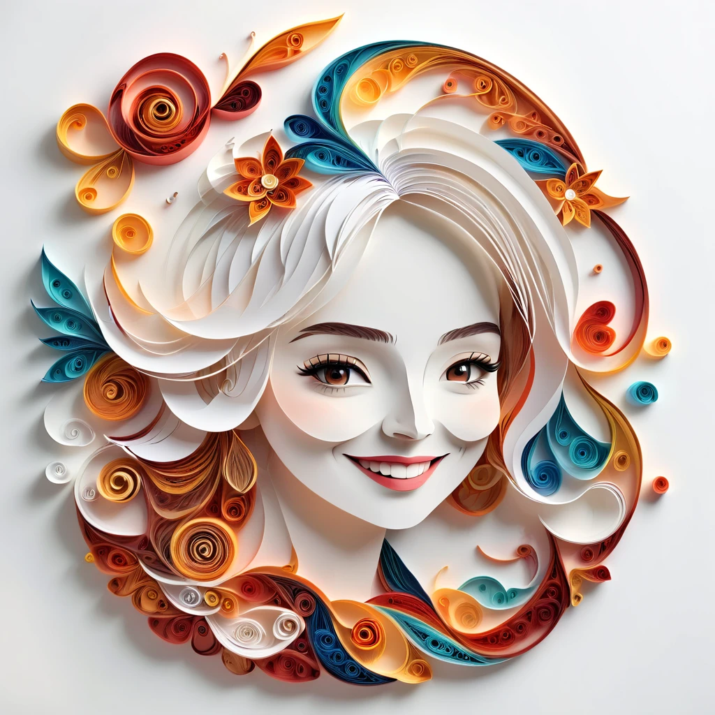 Paper Art,(Flat paper cut，Paper Art，layered Paper Art，Paper Quilling, The art of math),Pure white background, Smiling woman，(high definition, artwork, Better Quality, Ultra-high resolution)